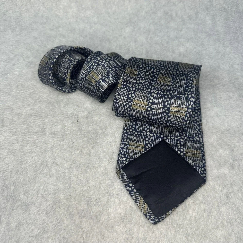 Oleg Cassini Tie Mens‎ One Size Navy Gold Geometric Italian Fabric Made in USA
